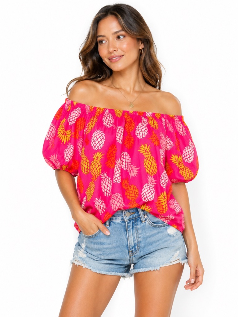 Macbeth Collection Size Medium‎ Vibrant Pineapple Print Off-Shoulder Top